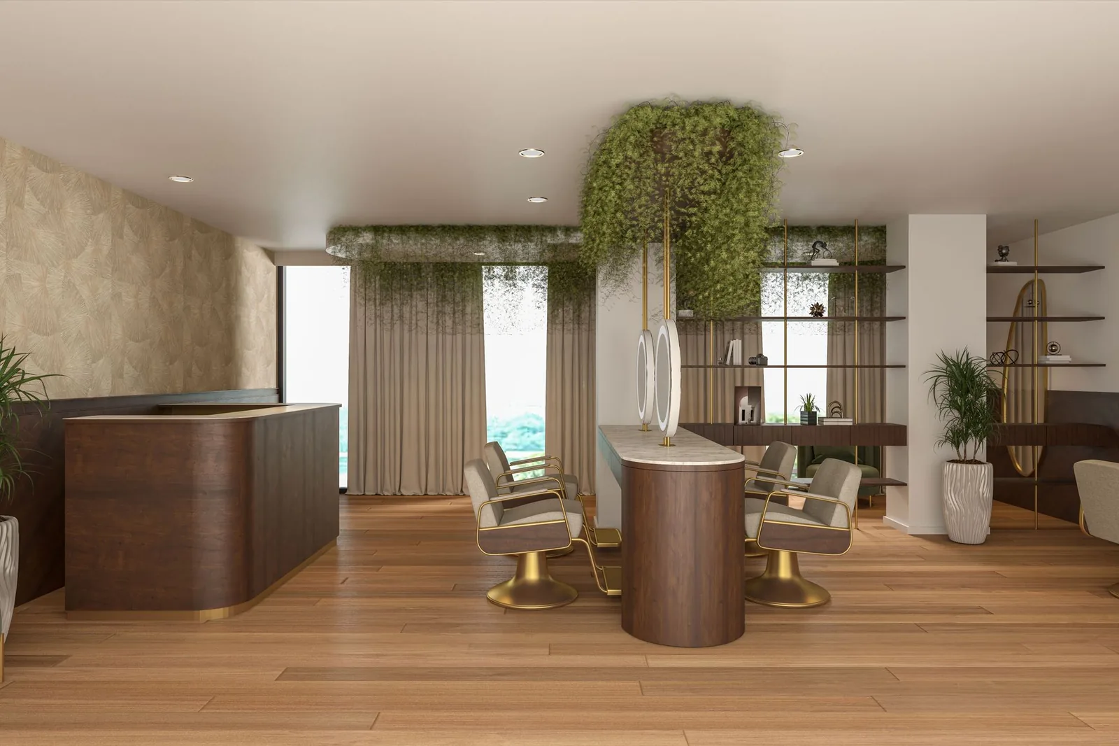 The Aura salon floor in warm natural light with styling chairs