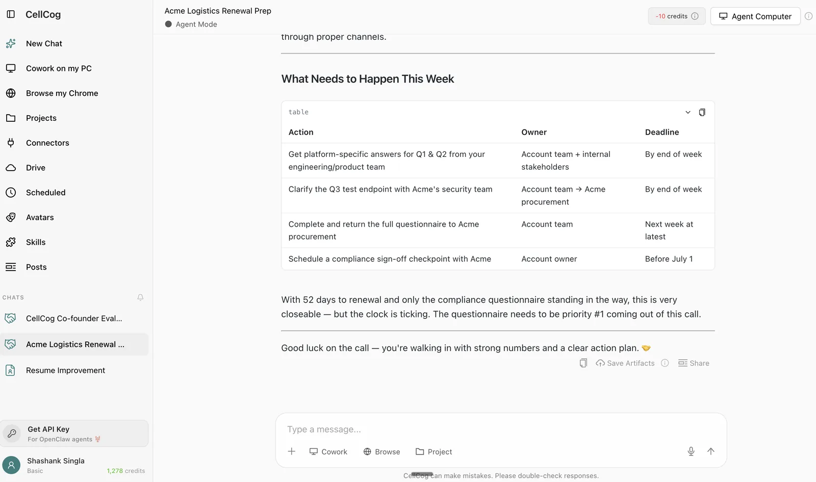 CellCog chat — a delegated research thread running across Gmail, Drive and Notion connectors