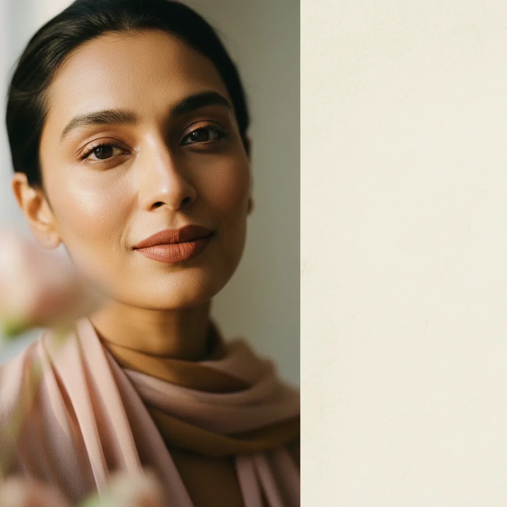 An Indian woman wearing terracotta-clay lipstick in warm natural light — the Cosmes home hero