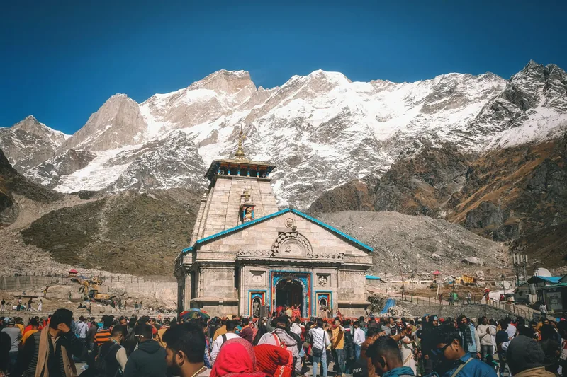 Pilgrims gathered at a Himalayan mountain temple