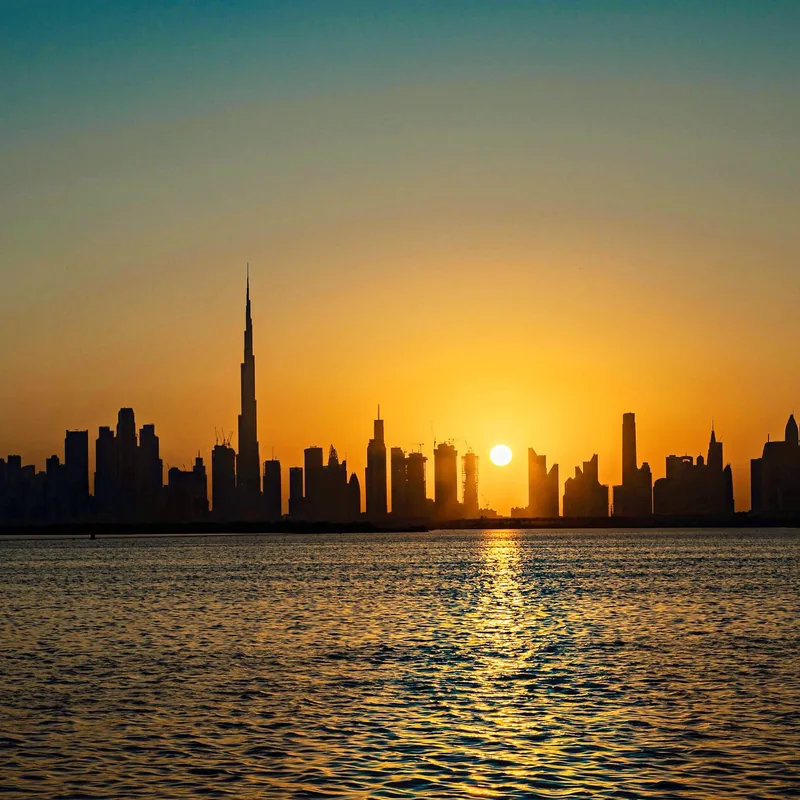 Dubai skyline at dusk with the Burj Khalifa