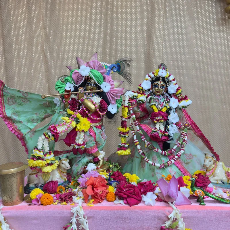 Deities of Radha and Krishna dressed in silks and garlanded with fresh flowers