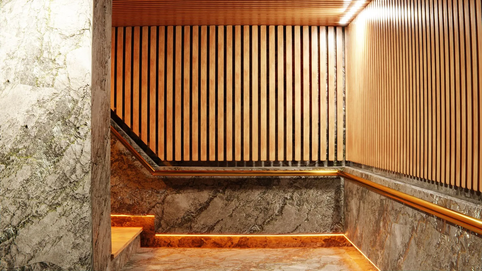 Modern interior wall finished in warm wood-look decorative PVC panels