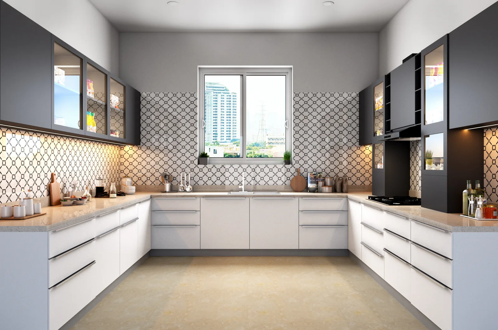 Modern modular kitchen finished with PVC laminate cabinetry