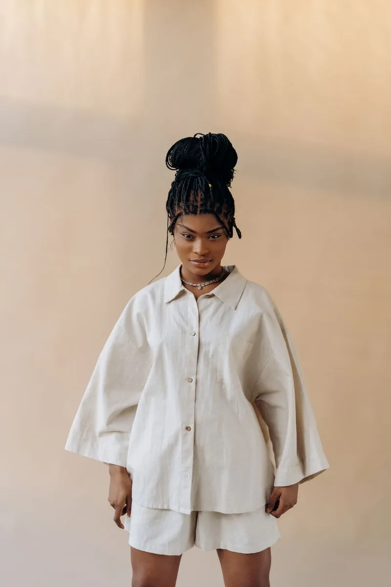 Woman wearing a neutral cotton co-ord set