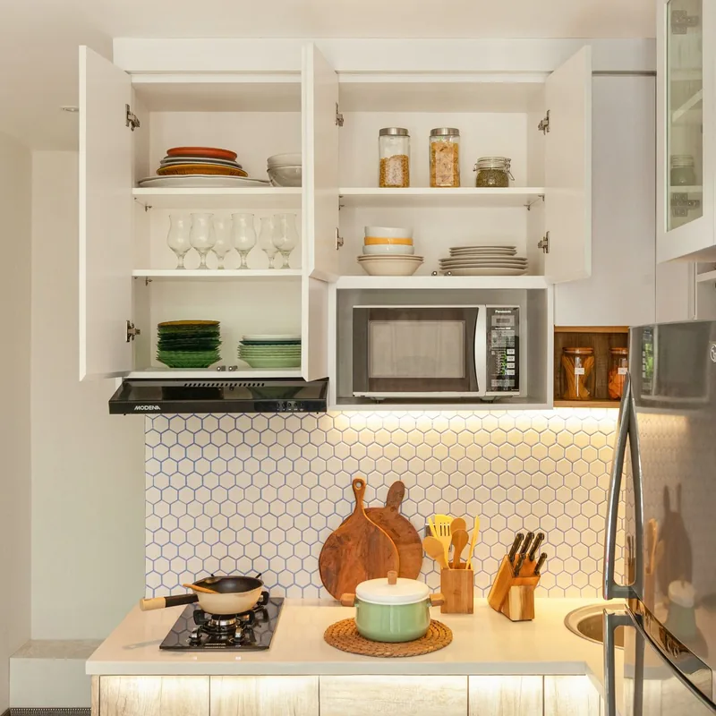 Home storage containers and kitchen essentials on shelves