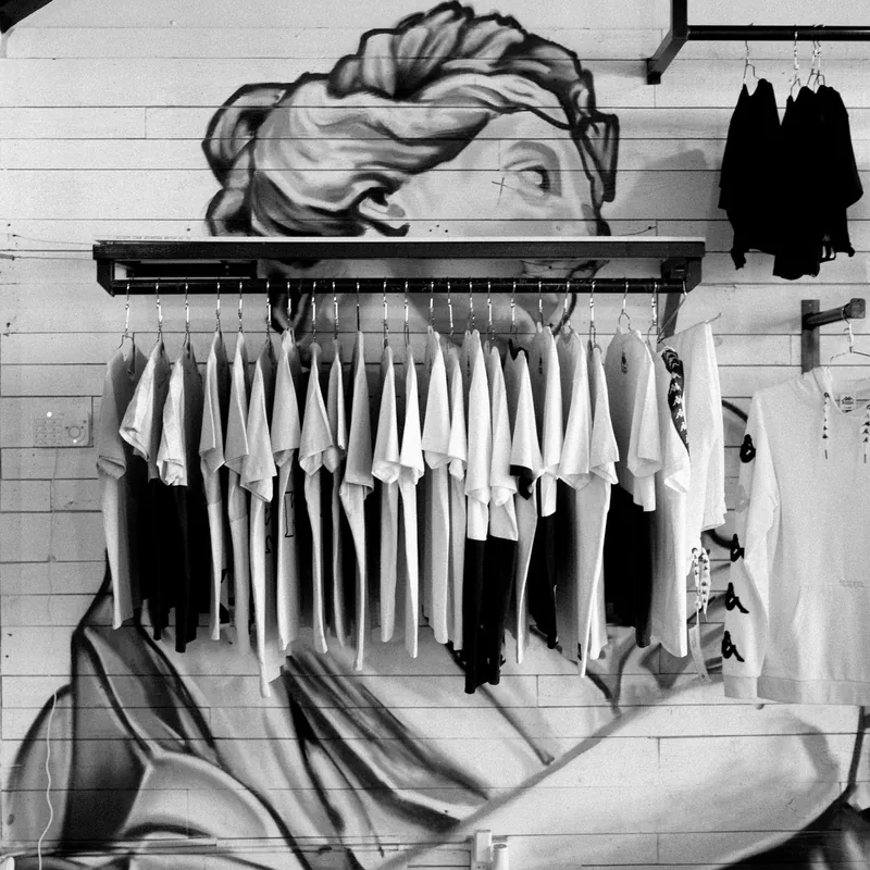 Boutique clothing rail in a small studio