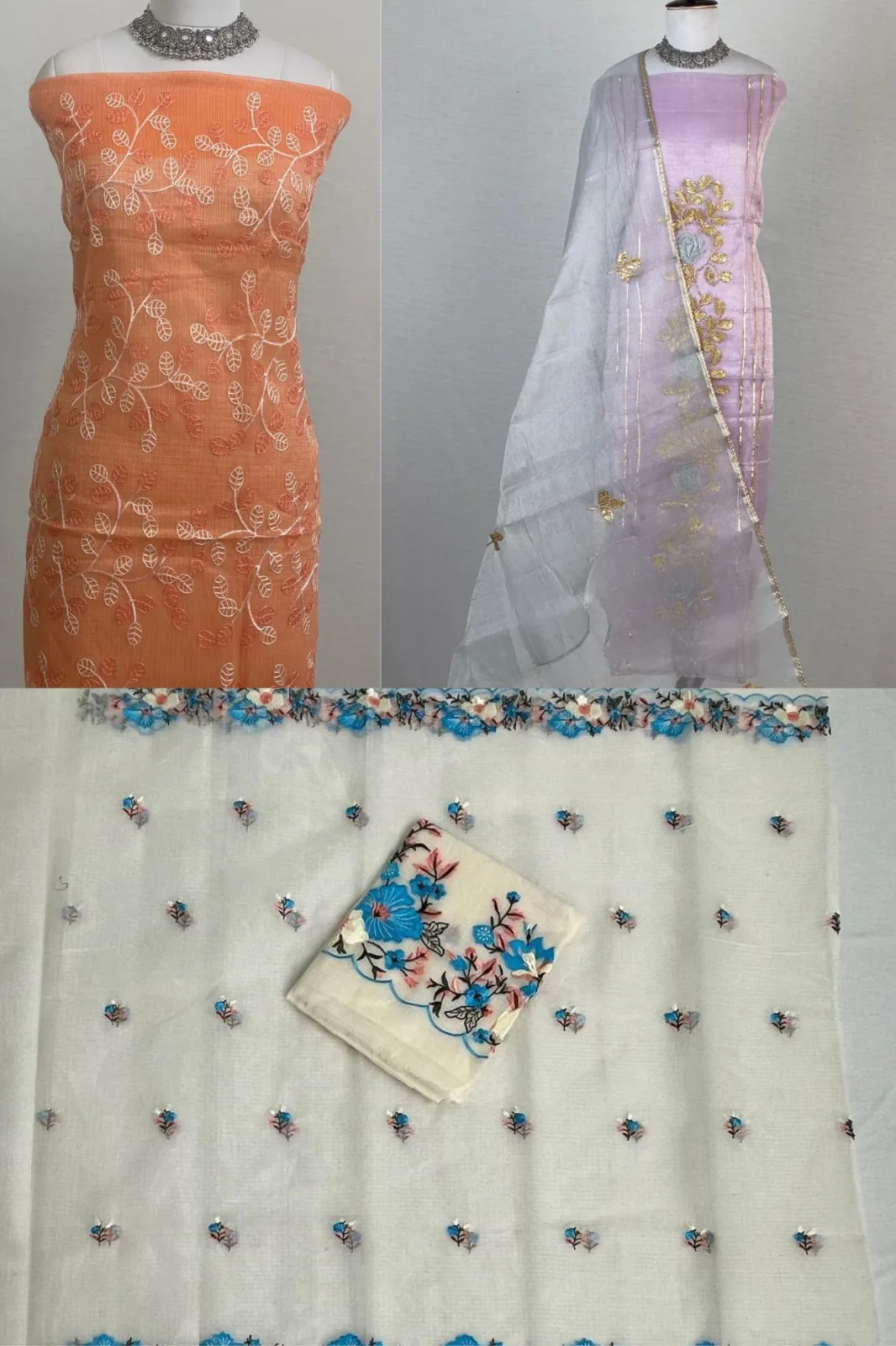 Hand-embroidered dress materials — peach chikankari, lavender zari and ivory floral fabric with a silver choker