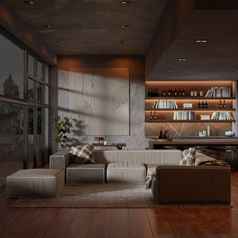 Elegant living room with a low sofa, warm lighting and layered textures