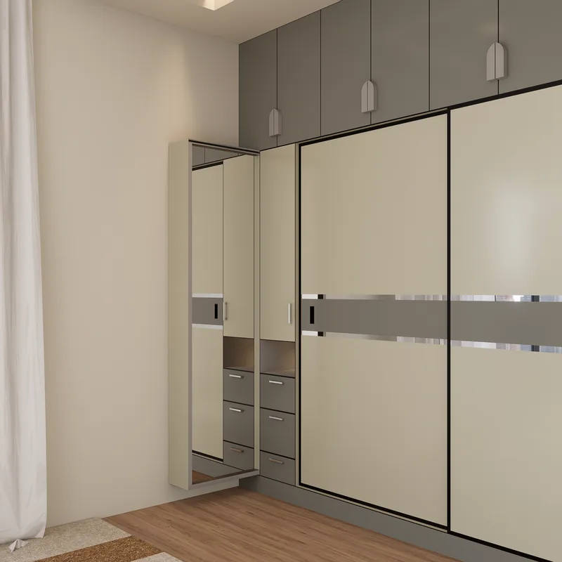Cosy bedroom with a fitted wardrobe in soft neutral tones