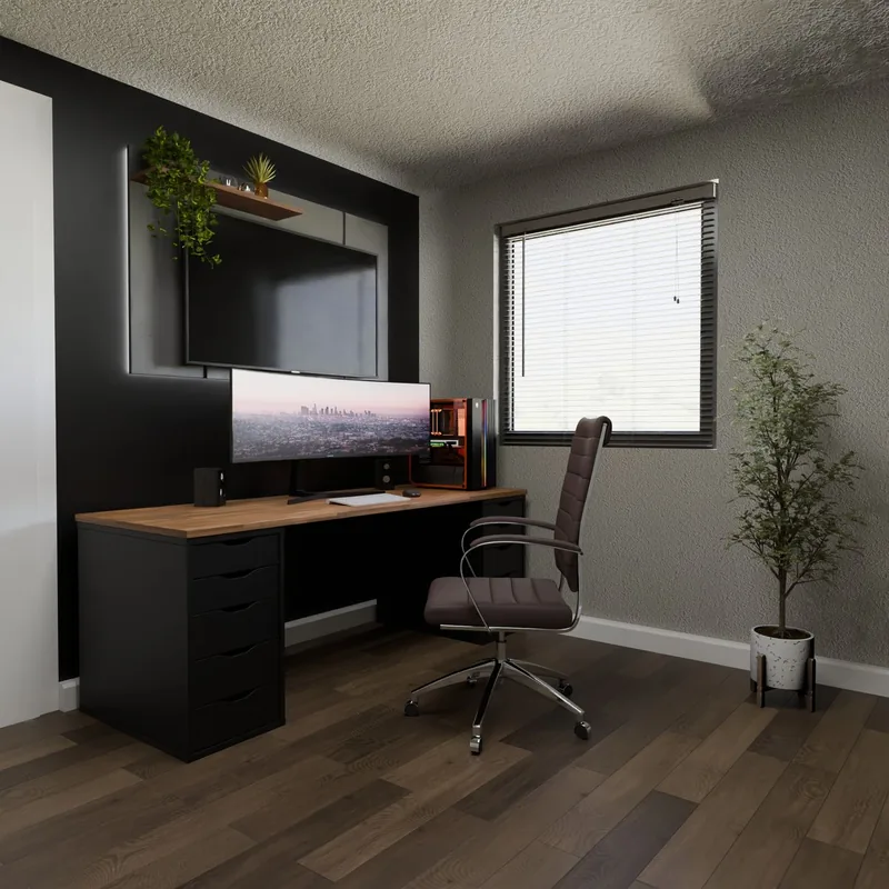 Compact office workspace interior with warm wood, a desk and seating