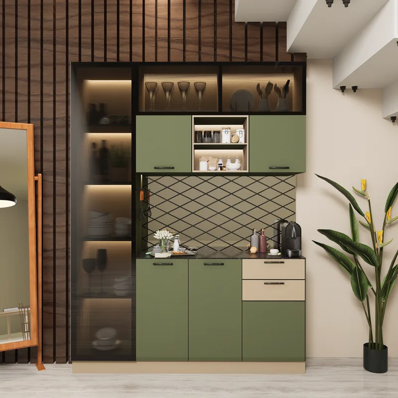 Modern modular kitchen with warm cabinetry and clean worktops