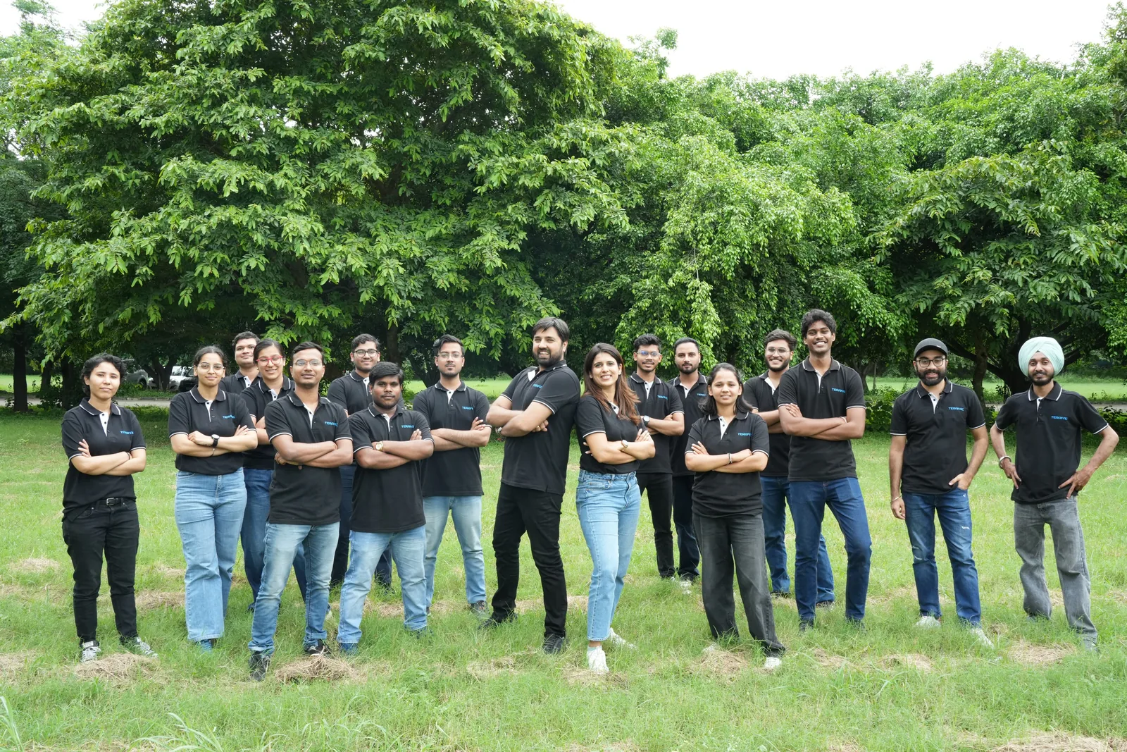 Twenty-nine engineers at Terafac standing together outdoors in Chandigarh